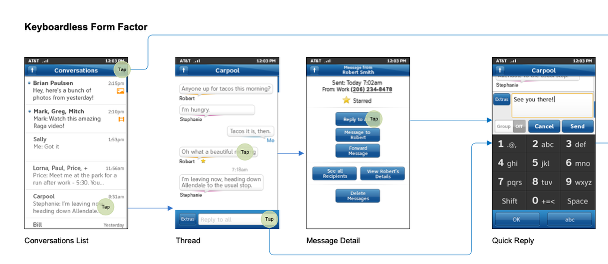 Keyboardless flow: conversations, thread, message detail, quick reply