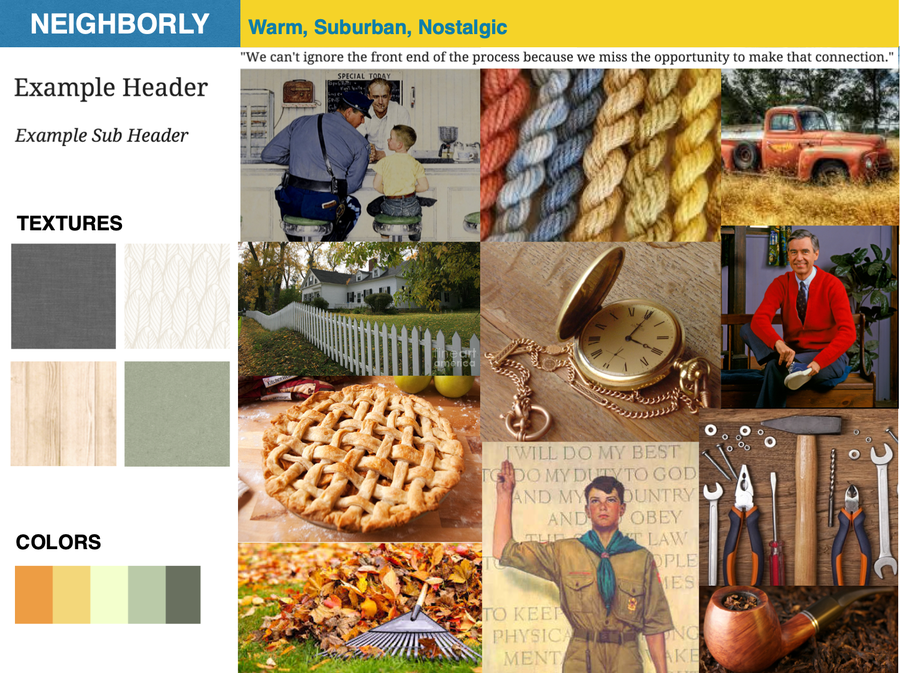 Moodboard: Neighborly (warm, suburban, nostalgic)