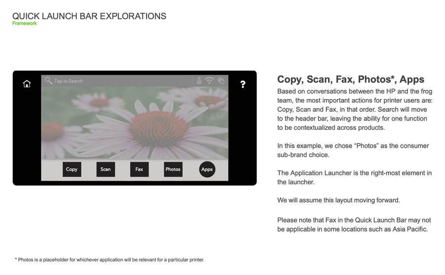 Home screen with quick launch bar: copy, scan, fax, photos, apps