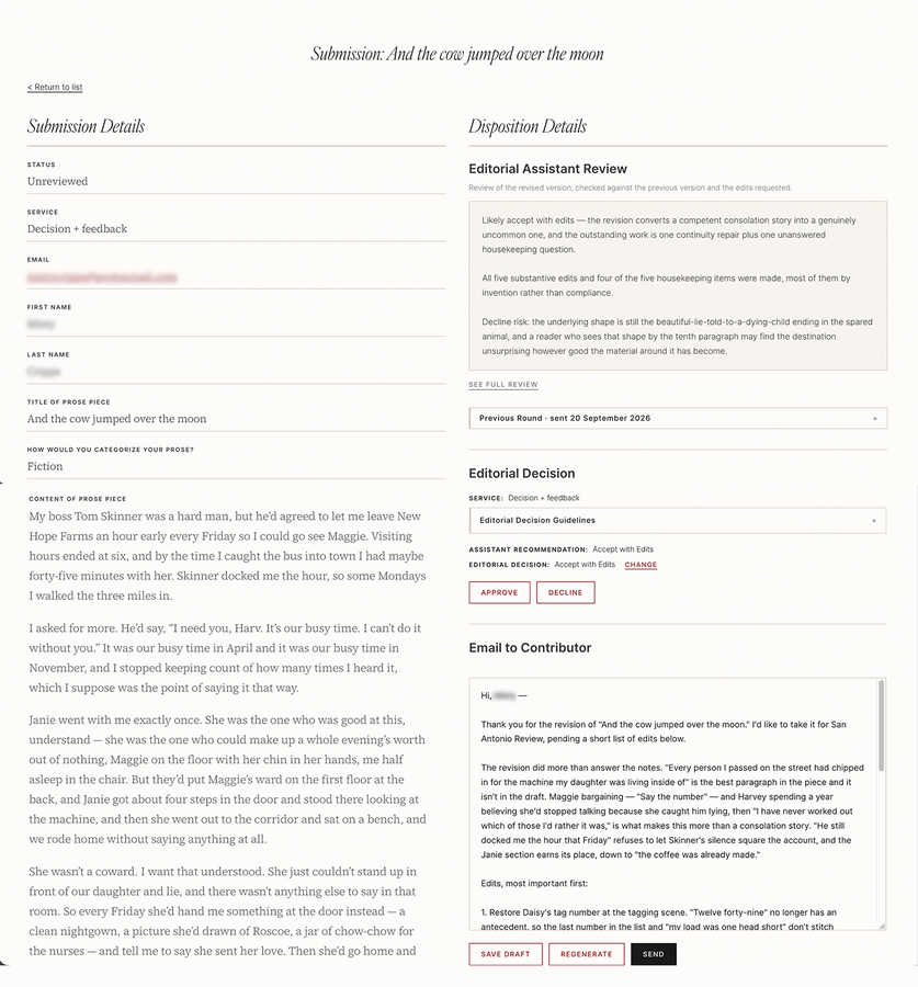 Review workspace: the assistant's recommendation, reasoning and uncertainty beside the editor's decision