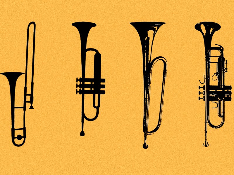 Black silhouettes of a trombone, two trumpets and a bugle on a mustard-yellow background