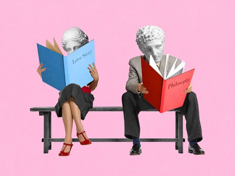 Two people on a bench against a pink background, one reading a book titled Love Story and the other a book titled Philosophy, with classical statue heads in place of their own