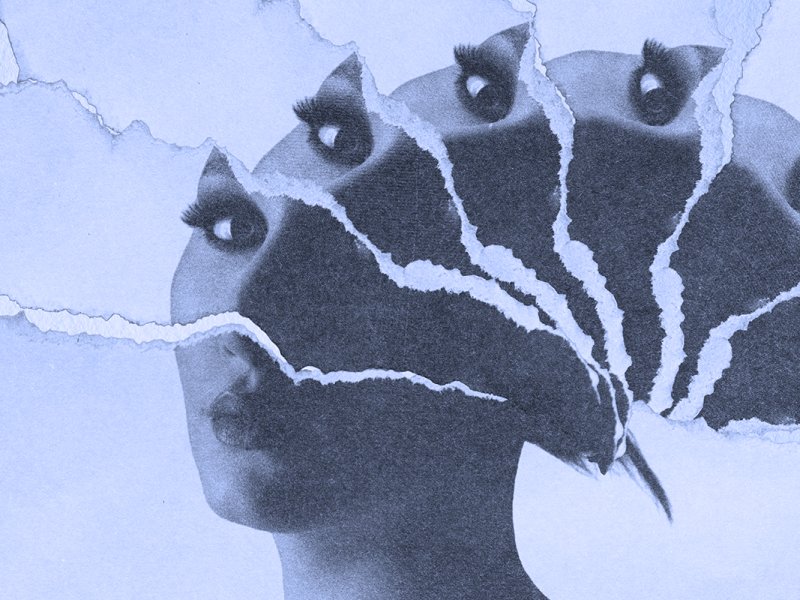 Collage of a woman’s face in blue tones, torn into strips that fan out to repeat her eyes again and again